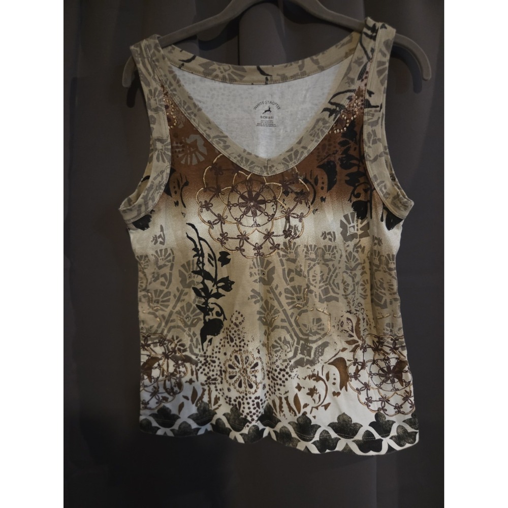 White Stag Tee Women's Small 4/6, Tank Top, brown print Floral Top, Glitter